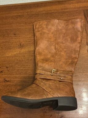 Brash Tan Mid-Calf Riding Boots with Buckle Detail side zipper, Sz 6.5, 3212